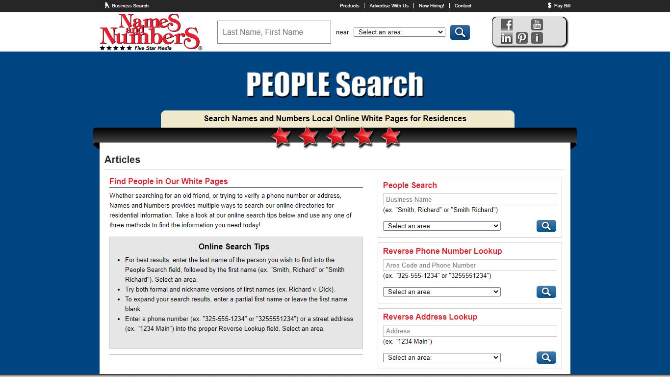 Search Names and Numbers Local Online White Pages for Residences